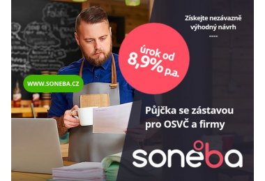 SONEBA - Podnikatelská půjčka bez registru a poplatku předem. Finance od 100 000 Kč až po několik miliónů Kč, tel.: 608 174 900